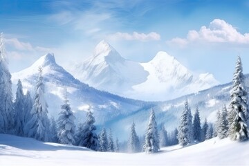 winter landscape with snow-covered mountains and trees. Generative AI