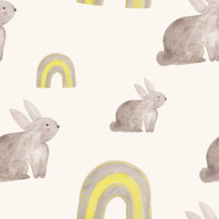 seamless pattern of grey water color hand drawn rabbit and rainbow