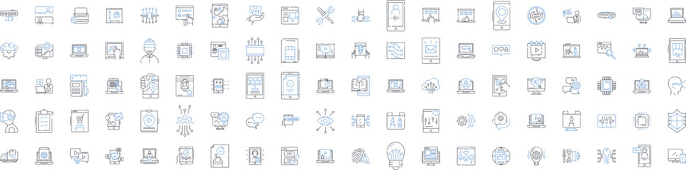 Computers and devices line icons collection. Processor, Memory, Hard drive, Keyboard, Mouse, Monitor, Printer vector and linear illustration. Scanner,Interface,Webcam outline signs set