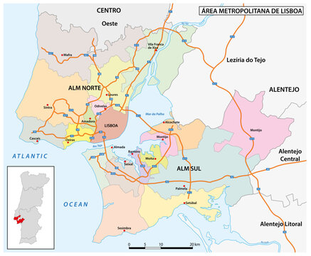 Administrative and Motorway map in the Lisbon metropolitan area, Portugal