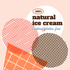 Retro-style banner, card, flyer template. 3 scoops of Vanilla, chocolate and strawberry taste ice cream in a waffle cone