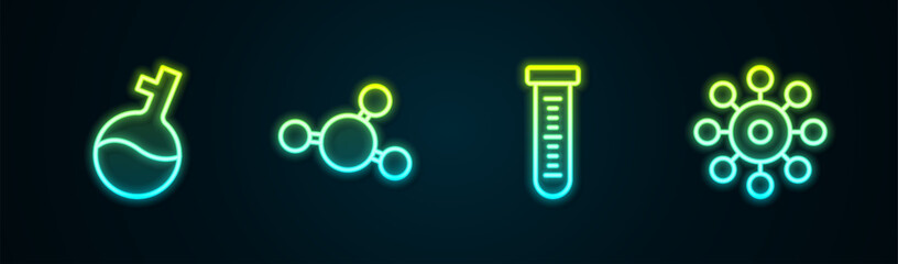 Set line Test tube, Molecule, and Virus. Glowing neon icon. Vector