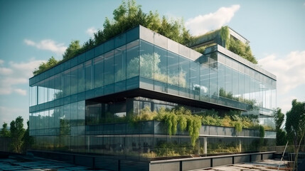 Obraz premium Modern office building with a glass facade and greenery on the rooftop. Generative AI