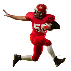 Professional american football player in sports uniform and protective helmet in action isolated...