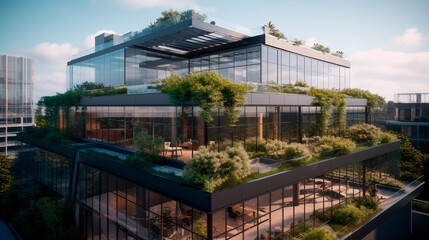 Obraz premium Modern office building with a glass facade and greenery on the rooftop. Generative AI