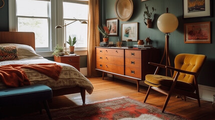 An eclectic bedroom with a mismatched collection of furniture, including a vintage-style armchair and a mid-century nightstand. Generative AI