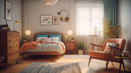 An eclectic bedroom with a mismatched collection of furniture, including a vintage-style armchair and a mid-century nightstand. Generative AI