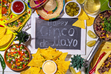 Cinco de mayo party food. Mexican holiday Cinco de mayo traditional dishes, snacks, tortilla corn...