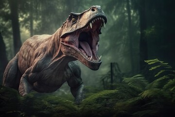 roaring T-Rex dinosaur in a lush green forest. Generative AI