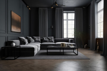 Gray and black living room. interior of a dark, empty room. Designs with a minimum of unnecessary elements. Beige herringbone accents on a graphite couch, generative AI