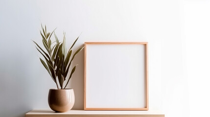 Empty square frame mockup in modern minimalist interior with plant in trendy vase on white wall background. Generative AI