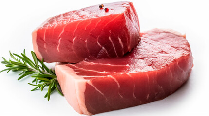 Fresh tuna steaks isolated on white background. Generative AI - obrazy, fototapety, plakaty