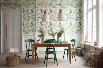Fototapeta na wymiar White green wooden farmhouse dining room. Floral wallpaper, seats, table. Japanese interiors, generative AI