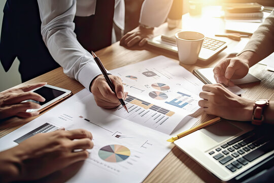 Marketing Analysis Accounting Team Teamwork Business Meeting Concept. Top view in office while people having a meeting generative ai