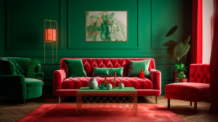 Home interior with red sofa, table and decor in green living room. Generative AI