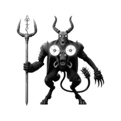 Biomechanical Demon with horns and tail holding a trident. Dieselpunk style. Vector illustration. Halftone design.