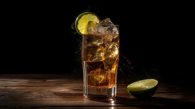 A cuba libre on a table in front of a black smoky background, generative Ai