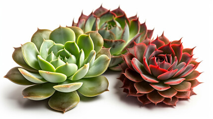 Fototapeta premium Three different succulents / echeveria plants without pots isolated over a white background, natural interior or garden design elements, top view / flat lay. Generative AI