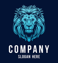 Lion head vector line art illustration isolated on dark and white background. Lion face and mane business logo design template.