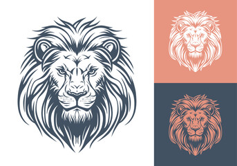 Lion head logo template design line art vector illustration isolated on white and dark backgrounds. Lion face with mane hair brand identity logotype design.