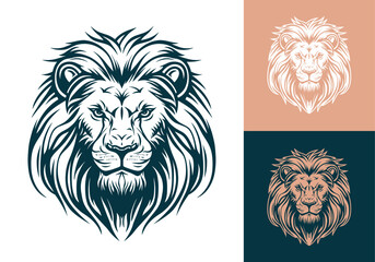 Lion head vector line art illustration isolated on dark and white background. Lion face and mane business logo design template.