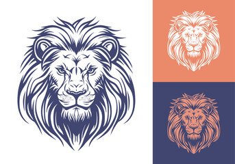 Lion face front view logotype line art eps vector art image illustration. Lion head with mane hair business company logo design and brand identity graphic.