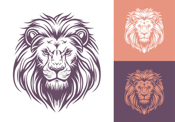 Lion face front view vector art image business company logo template, brand identity logotype on white and dark backgrounds.