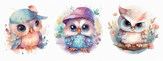 watercolor clipart adorable cute baby owl, different pastel colors, a few flowers decor, cute cartoon animal, characters. white background. generative ai