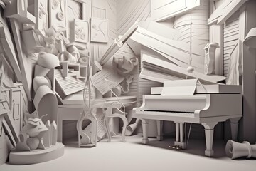 Plakat Fondo musical. Concepto de música de piano. Ilustración en 3D. Piano de cola en arquitectura interior de hormigón. Arte e instrumentos musicales. Generative AI