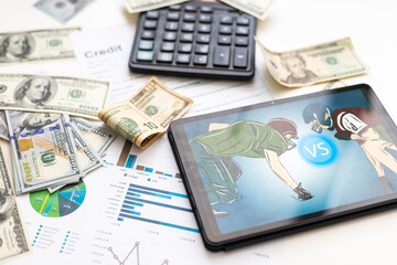 Fototapeta premium graph sketch and modern digital tablet on background, strategy and forecast concept.