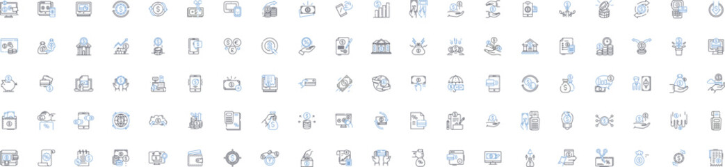 Transaction line icons collection. Payment, Transfer, Exchange, Purchase, Withdrawal, Deposit, Trade vector and linear illustration. Deal,Sale,Buy outline signs set