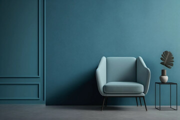 Modern living room with monochrome dusty blue empty wall. Contemporary interior design with trendy wall color and chair. Generative AI.