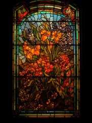 Stained glass window with the image of orange flowers generative ai