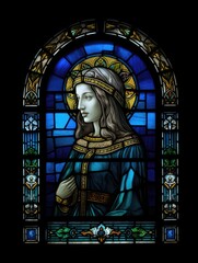 Obraz na płótnie Canvas Stained glass window with the image of saint woman in blue tones generative ai
