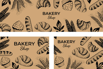 Vector vintage drawing of bread and pastry on paper background. Banner, poster, flyer layout. Black and white drawing design of a bakery.