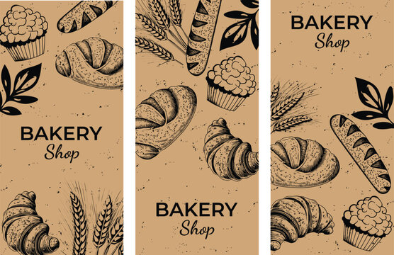 Vector vintage drawing of bread and pastry on paper background. Banner, poster, flyer layout. Black and white drawing design of a bakery.