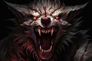 menacing wolf with glowing red eyes and sharp fangs. Generative AI
