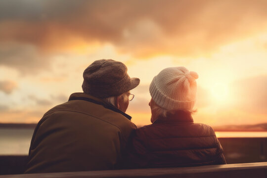 Senior couple sitting on a bench by a lake enjoying the sunset. Generative AI