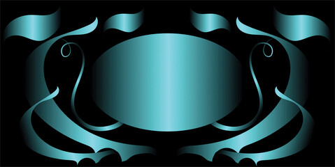 Chic background with a place in the form of an oval for information, design, your text. Ingredient. Blue curved stripes on a black background