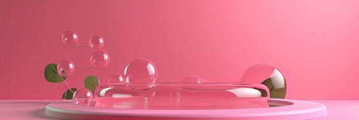 Podium or platform for product presentation against pink walls with soap bubbles around. Abstract background on pink background. Template product stand. 3d rendering. Generate AI. - obrazy, fototapety, plakaty
