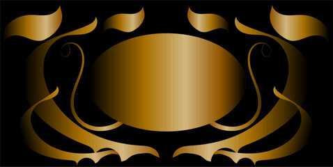 Chic background with a place in the form of a golden oval for information, design, your text. Ingredient. Golden curved stripes on a black background.