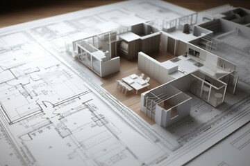Fototapeta na wymiar 3D render of a house on plans. Generative AI