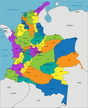 Colorful Colombia political map with clearly labeled, separated layers. Vector illustration.