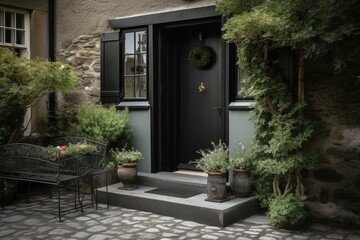 stylish black metal front door of house in courtyard of cottage. Generative AI