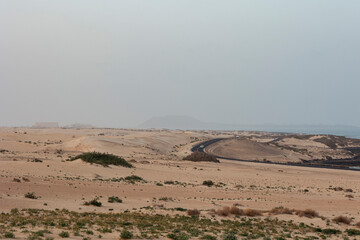 Calima Dust storm over the Corralejo National Park sand dunes Corralejo Fuerteventura