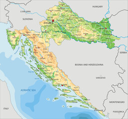 High detailed Croatia physical map with labeling. - obrazy, fototapety, plakaty