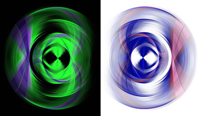 Round striped elements with color accents rotate quickly on white and black backgrounds. Set of graphic design elements.  3D rendering. 3D illustration.