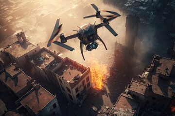 drone flying under destroyed city - obrazy, fototapety, plakaty