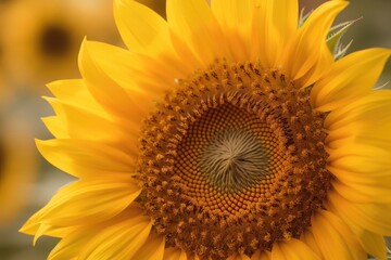 close-up view of a vibrant sunflower with a blurred background. Generative AI