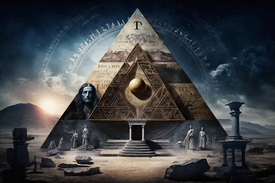 Pyramid with astrology and esoteric symbols on it. Esoteric, ancient wisdom or freemasonry concept composition. Created with Generative AI technology.